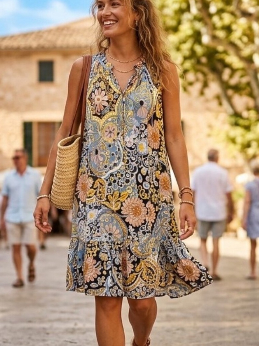 LOFT Black Floral Paisley Sleeveless Dress with Pink & Blue Accents